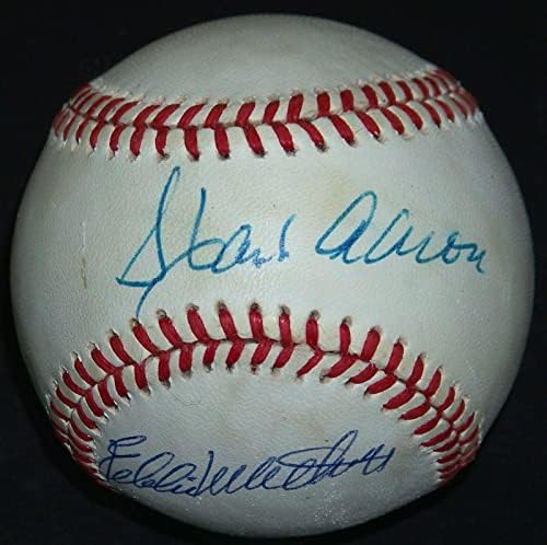 Играта на топка с автограф на Ханк Аарон и Еди Мэтьюза 500 HR Club PSA LOA! - Бейзболни топки с автографи
