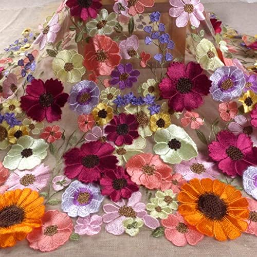 La Belleza Красива Лейси плат с бродерия 3D Ширина 47 см, Ярки, Пролетни Цветя в Бежово Мека Тюлевой завързана