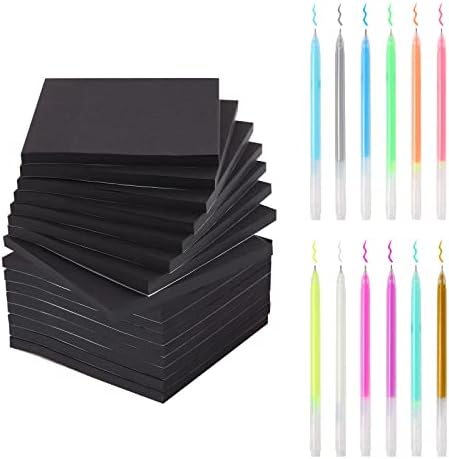 Черни стикери (16 опаковки) 3 x 3 инча и Гел химикалки за черна хартия (12 дръжки) Гел химикалки и черни стикери
