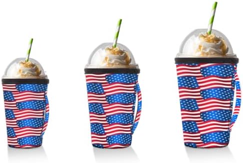 Многократно Кафе ръкав с лед, с Американското знаме с дръжка от Неопрен за Напитки, кафе лате, Чай, Напитки, Бира (Средно 24-28 унции)