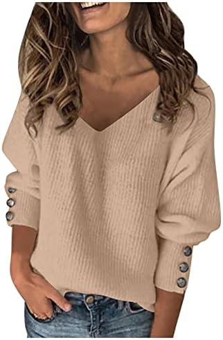 UQRZAU/ Дамски Блузи с дълъг ръкав, Цвят Диви Възли Секси Пуловери с V-образно деколте, Свободните Пуловери
