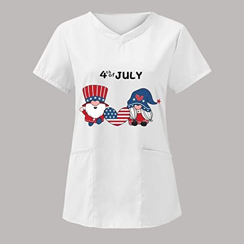 На 4 юли, Женска Тениска с Флага на САЩ, Летни Тениски с V-образно деколте и Къс Ръкав, 2 Джоба, Блузи, Празнична