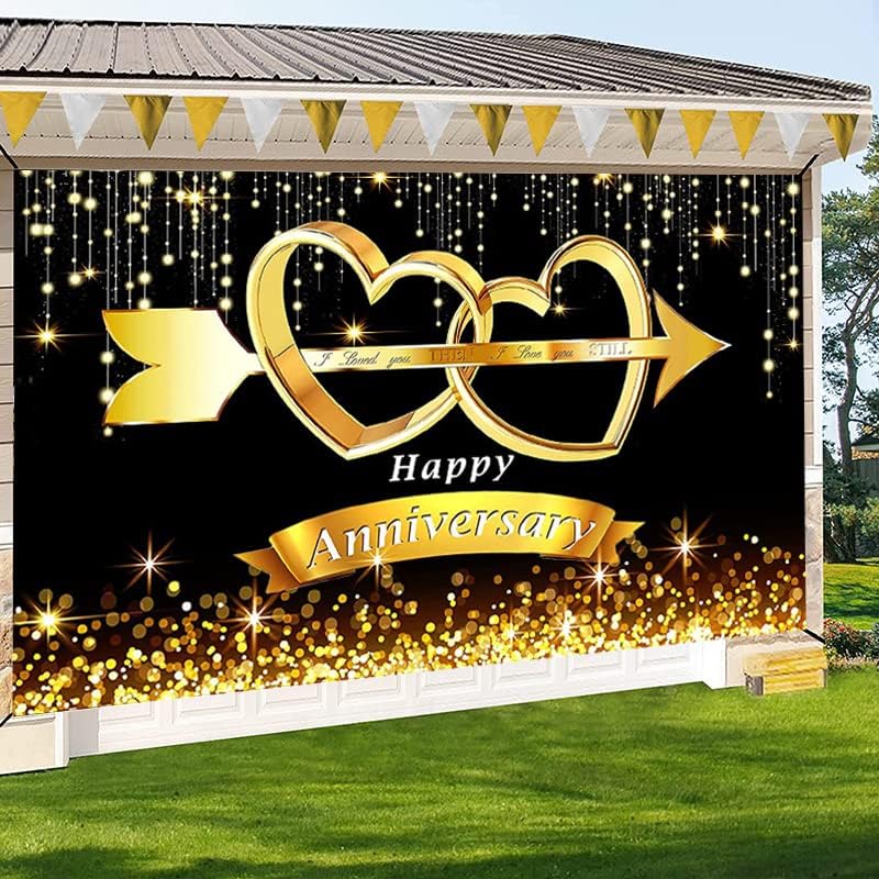 На фона на Банер От Годишнината на Сватбата, Украса за Парти в чест на Годишнина от Сватбата, Черно-Златни Аксесоари
