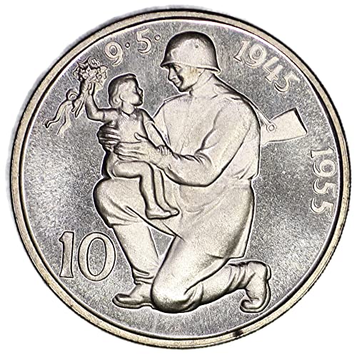 1955 CZ Чехословакия KM# 42 10 Години от Освобождението на Сребро за 10 Крони, Без да се прибягва