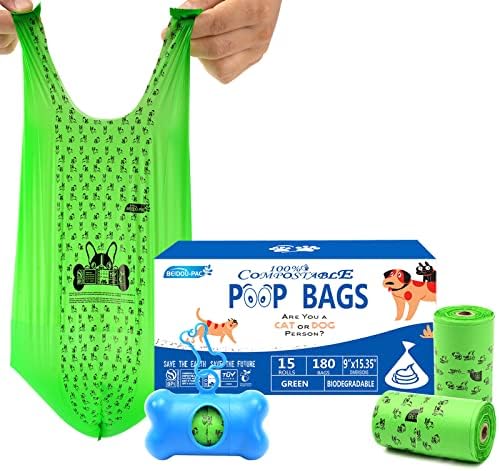 BEIDOU-PAC Компостируемые торбички за кучешки какашек, 180 Малки Пакети за компостиране кучешки отпадъци с дръжка, Здрава и Непрозрачна Биоразградими торбички за кучешк